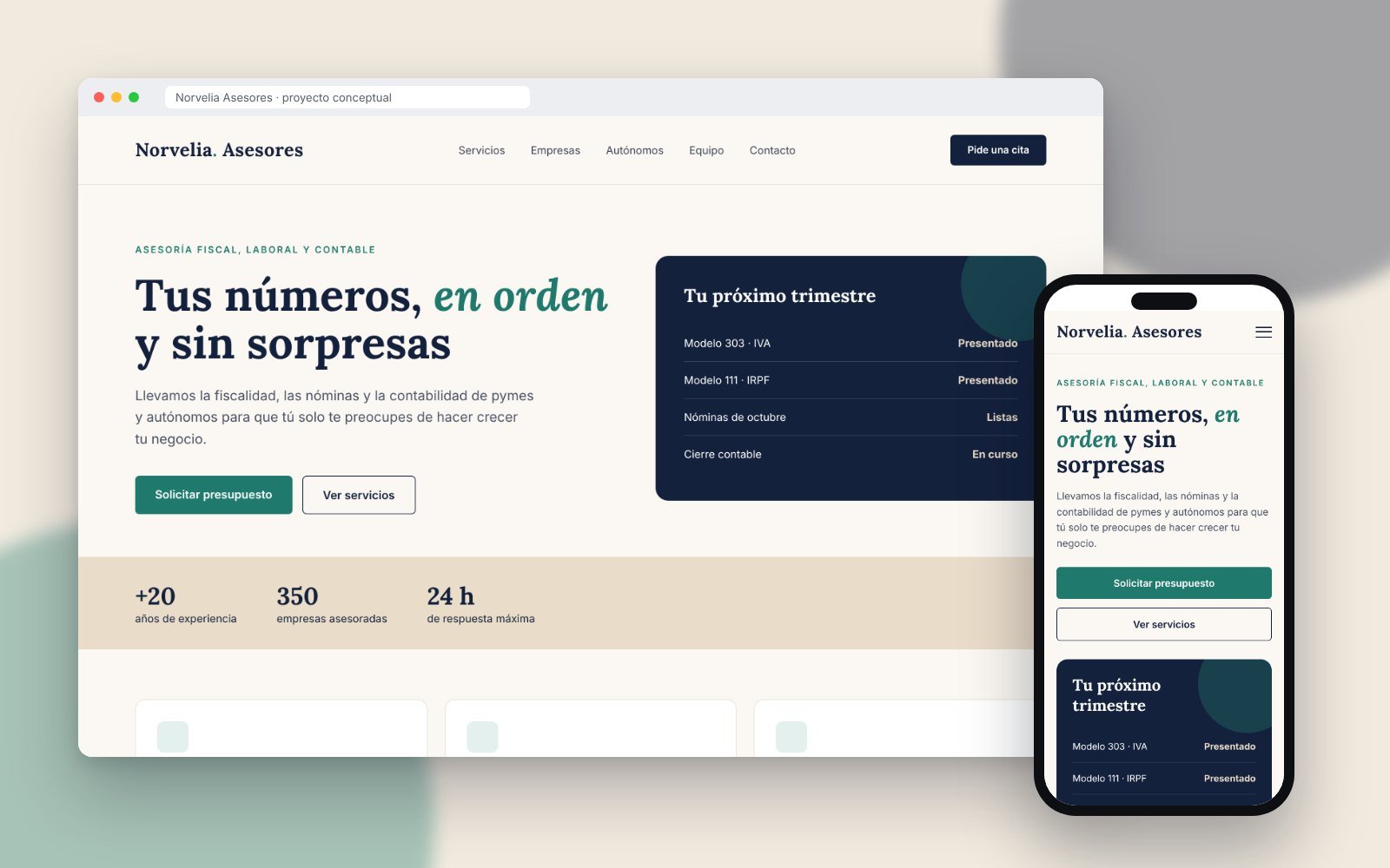 Portfolio de diseño web: proyecto conceptual para una asesoría fiscal, en ordenador y móvil